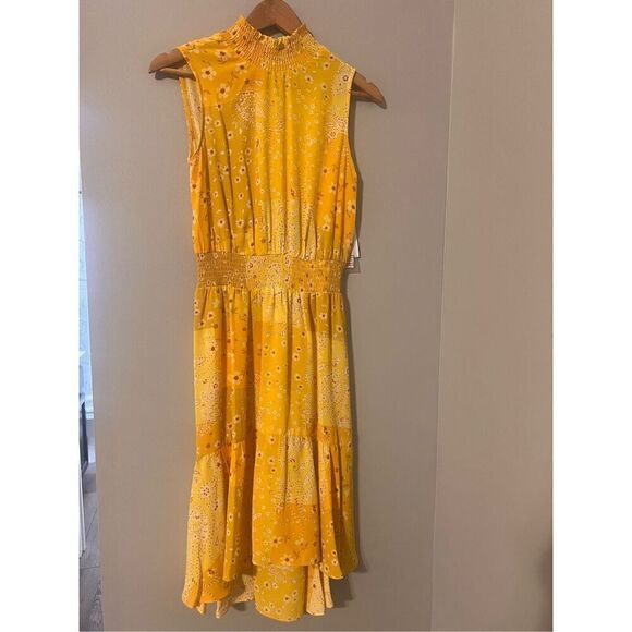 Nanette Lepore 4 High Neck Blouson Swing Dress Yellow Patchwork Paisley Floral - Picture 4 of 16